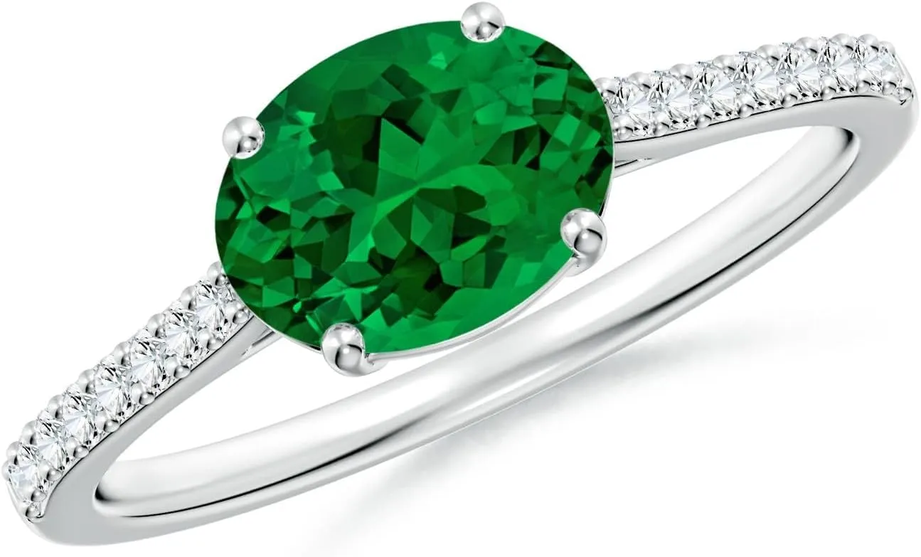 Angara Lab Grown East-West Oval Emerald Cathedral Engagement Ring in 14K Solid Gold/Platinum | May Birthstone, Birthday, Anniversary, Wedding Jewelry Gift for Women
