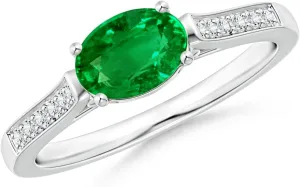 Angara Lab Grown East West Oval Emerald Solitaire Ring with Diamonds in 14K Solid Gold/Platinum | May Birthstone, Birthday, Engagement, Anniversary, Wedding Jewelry Gift for Women