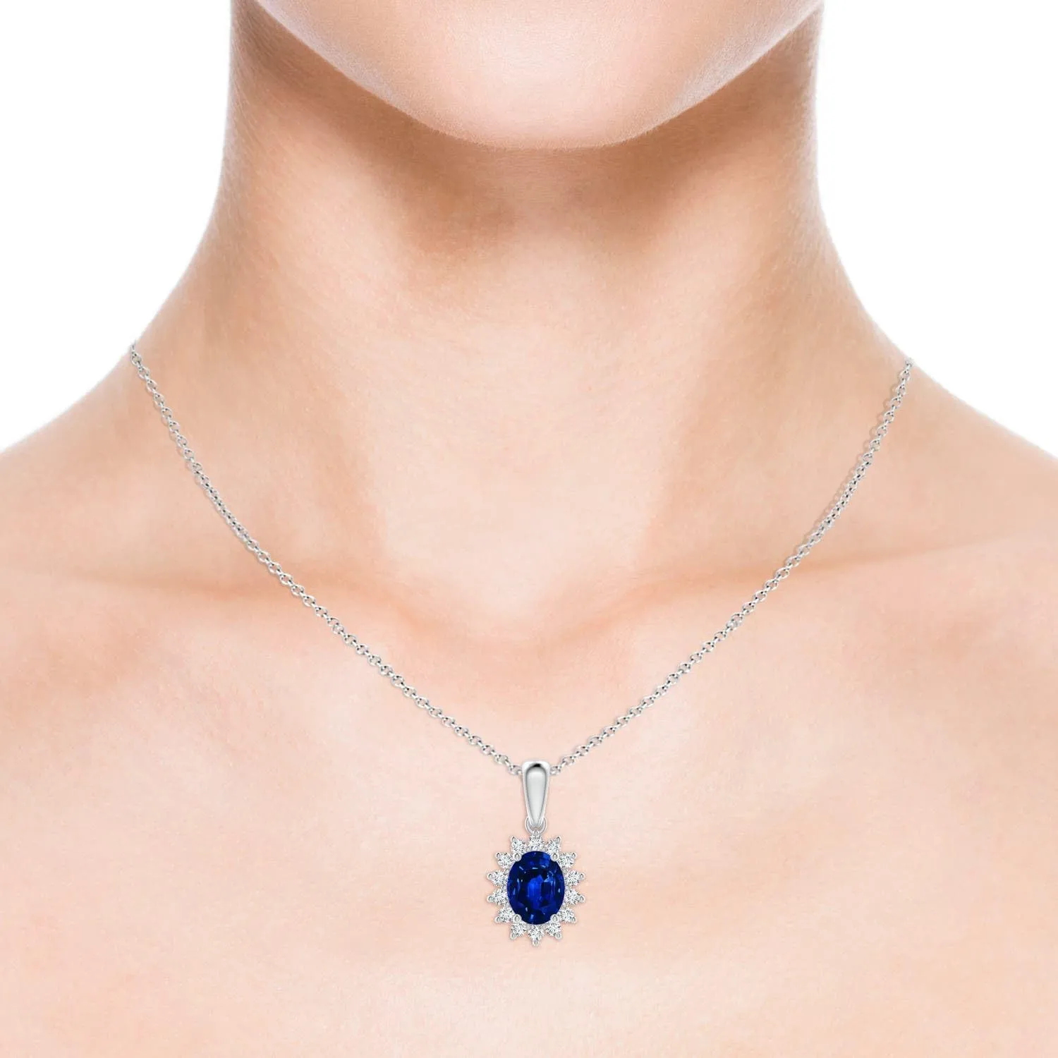 Angara Lab Grown Oval Blue Sapphire Pendant with Floral Halo in 14K Solid Gold/Platinum | September Birthstone, Birthday, Engagement, Anniversary, Wedding Jewelry Gift for Women