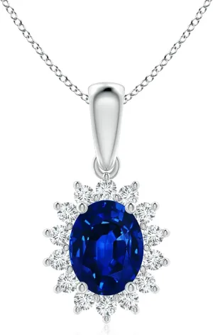 Angara Lab Grown Oval Blue Sapphire Pendant with Floral Halo in 14K Solid Gold/Platinum | September Birthstone, Birthday, Engagement, Anniversary, Wedding Jewelry Gift for Women