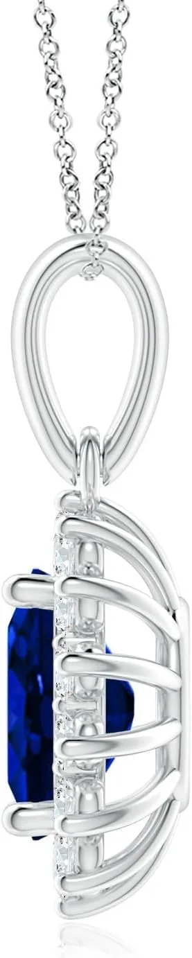 Angara Lab Grown Oval Blue Sapphire Pendant with Floral Halo in 14K Solid Gold/Platinum | September Birthstone, Birthday, Engagement, Anniversary, Wedding Jewelry Gift for Women