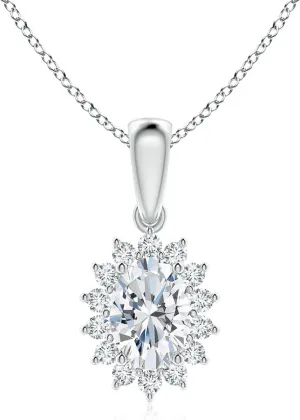 Angara Lab Grown Oval Diamond Pendant with Floral Halo in 14K Solid Gold/Platinum | April Birthstone, Birthday, Engagement, Anniversary, Wedding Jewelry Gift for Women