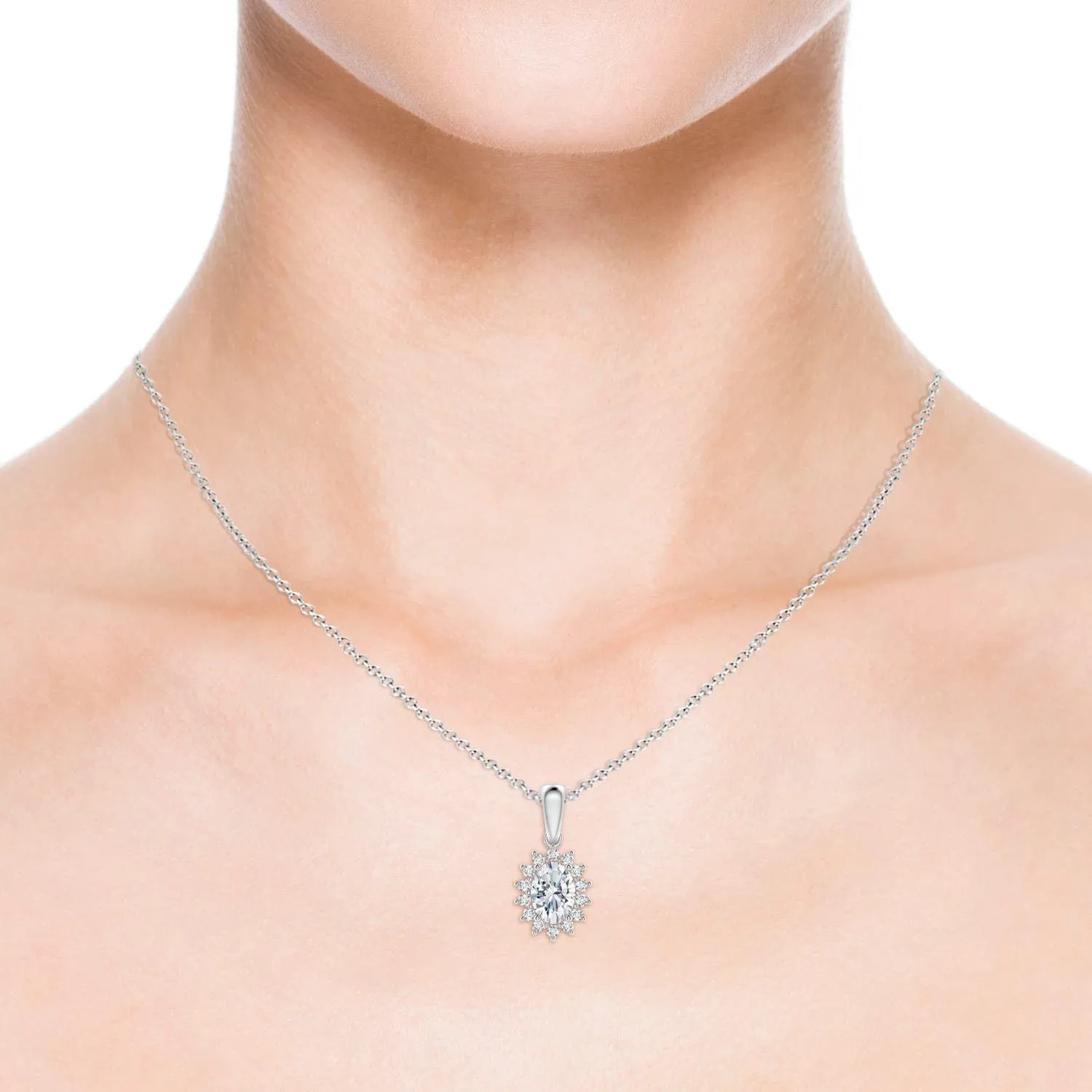 Angara Lab Grown Oval Diamond Pendant with Floral Halo in 14K Solid Gold/Platinum | April Birthstone, Birthday, Engagement, Anniversary, Wedding Jewelry Gift for Women