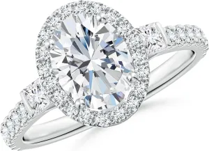 Angara Lab Grown Oval Diamond Side Stone Halo Engagement Ring in Silver / 14K Solid Gold/Platinum | April Birthstone, Birthday, Anniversary, Wedding Jewelry Gift for Women