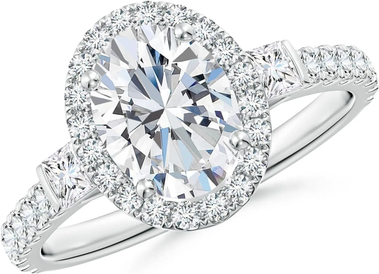 Angara Lab Grown Oval Diamond Side Stone Halo Engagement Ring in Silver / 14K Solid Gold/Platinum | April Birthstone, Birthday, Anniversary, Wedding Jewelry Gift for Women