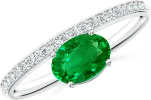 Angara Lab Grown Oval Emerald Off-Centered Solitaire Ring With Diamonds in Silver / 14K Solid Gold/Platinum | May Birthstone, Birthday, Engagement, Anniversary, Wedding Jewelry Gift for Women