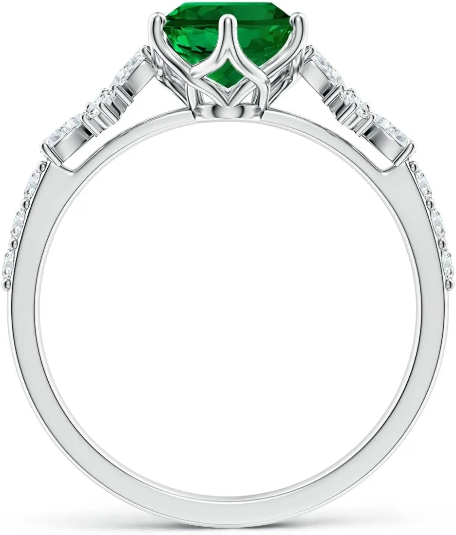Angara Lab Grown Oval Emerald Side Stone Engagement Ring with Accents in 14K Solid Gold/Platinum | May Birthstone, Birthday, Anniversary, Wedding Jewelry Gift for Women