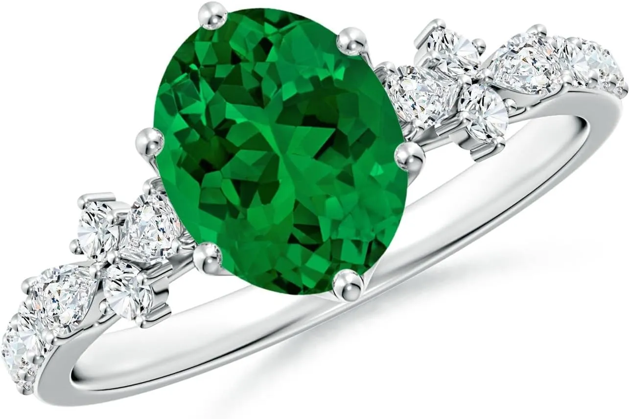 Angara Lab Grown Oval Emerald Side Stone Engagement Ring with Accents in 14K Solid Gold/Platinum | May Birthstone, Birthday, Anniversary, Wedding Jewelry Gift for Women