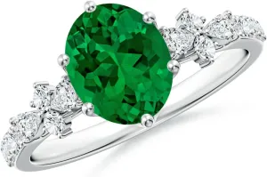 Angara Lab Grown Oval Emerald Side Stone Engagement Ring with Accents in 14K Solid Gold/Platinum | May Birthstone, Birthday, Anniversary, Wedding Jewelry Gift for Women
