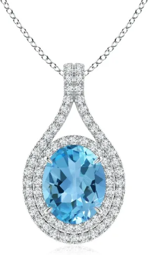 Angara Natural 3.25 Ct Swiss Blue Topaz and 0.47 Ct Diamond Halo Pendant Necklace for Women in Platinum (Grade-AA | Size-10x8mm) | Birthday, Anniversary, Wedding Jewelry Gift For Women