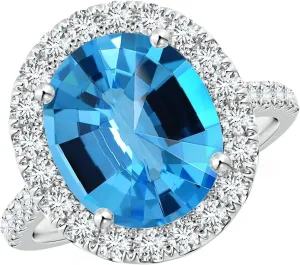 Angara Natural GIA Certified Prong-Set Oval 4.9 ct Swiss Blue Topaz Halo Ring with Diamonds in 14K Solid Gold/Platinum for Women | November Birthstone Jewelry for Women