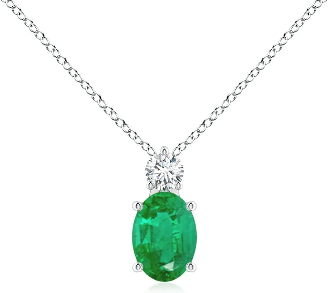 Angara Natural Oval Emerald Solitaire Pendant with Diamond in Silver / 14K Solid Gold/Platinum | May Birthstone, Birthday, Engagement, Anniversary, Wedding Jewelry Gift for Women