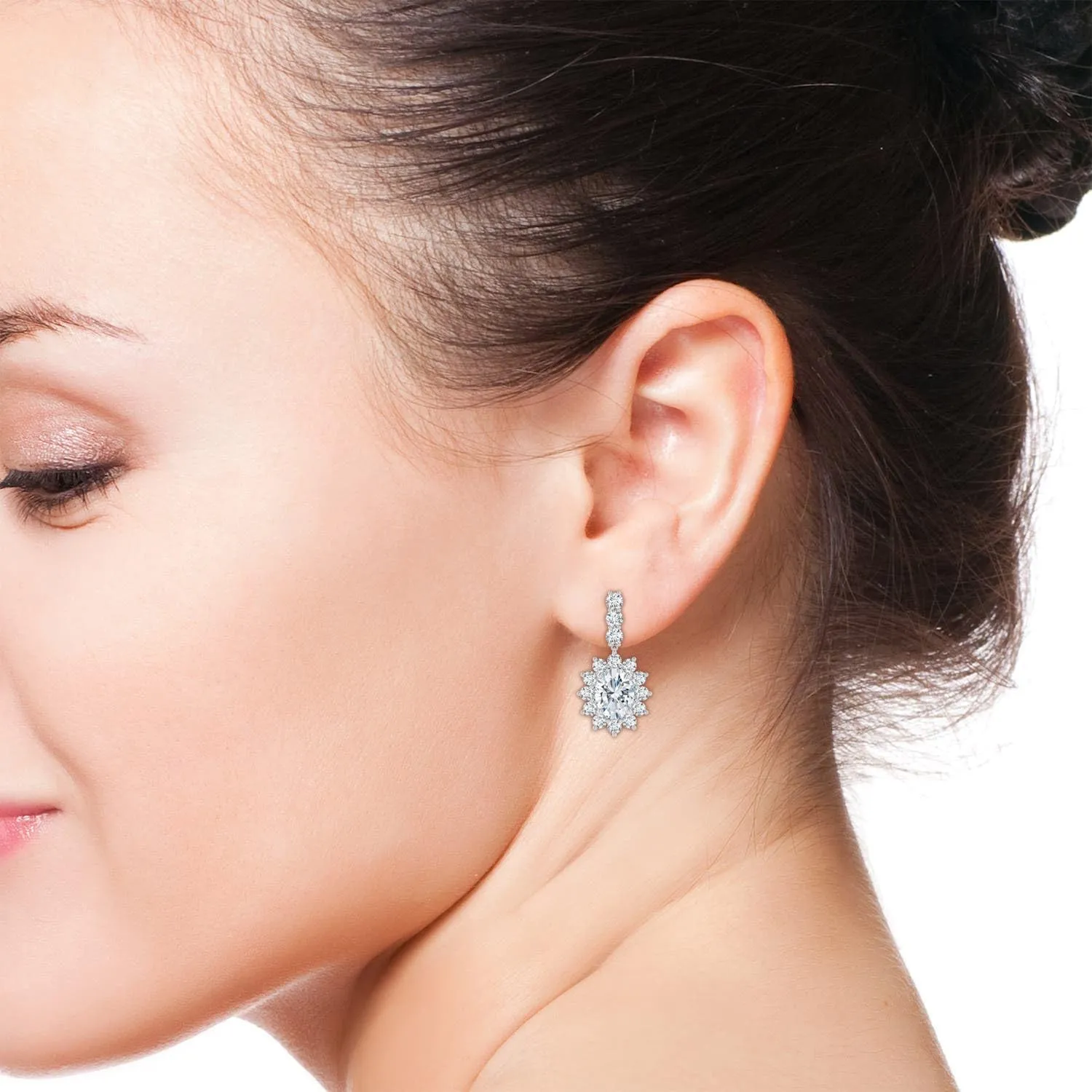 ANGARA Oval Lab Grown Diamond Floral Halo Dangle Earrings in 14K Solid Gold/Platinum | April Birthstone, Birthday, Engagement, Anniversary, Wedding Jewelry Gift for Women