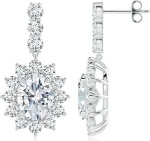 ANGARA Oval Lab Grown Diamond Floral Halo Dangle Earrings in 14K Solid Gold/Platinum | April Birthstone, Birthday, Engagement, Anniversary, Wedding Jewelry Gift for Women