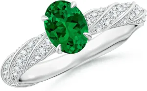 Angara Oval Lab Grown Emerald Twisted Rope Shank Engagement Ring in 14K Solid Gold/Platinum | May Birthstone, Birthday, Anniversary, Wedding Jewelry Gift for Women