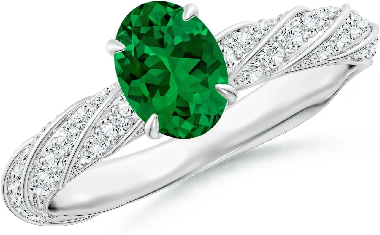 Angara Oval Lab Grown Emerald Twisted Rope Shank Engagement Ring in 14K Solid Gold/Platinum | May Birthstone, Birthday, Anniversary, Wedding Jewelry Gift for Women