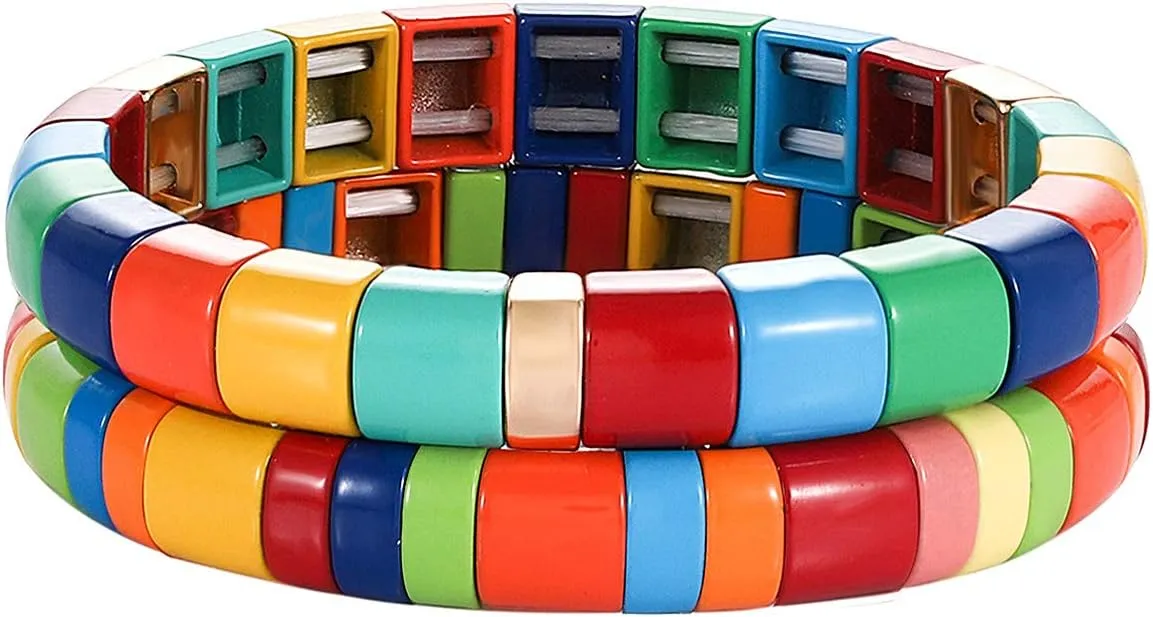 ANGLESJELL Enamel Tile Bracelets Rainbow Tile Bead Bracelets Elastic Colorful Rectangle Beaded Stretch Bracelets for Women Stackable Colorblock Layered Bangle Bracelets for Men Girls
