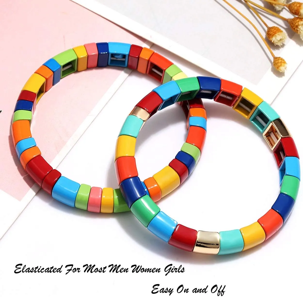ANGLESJELL Enamel Tile Bracelets Rainbow Tile Bead Bracelets Elastic Colorful Rectangle Beaded Stretch Bracelets for Women Stackable Colorblock Layered Bangle Bracelets for Men Girls