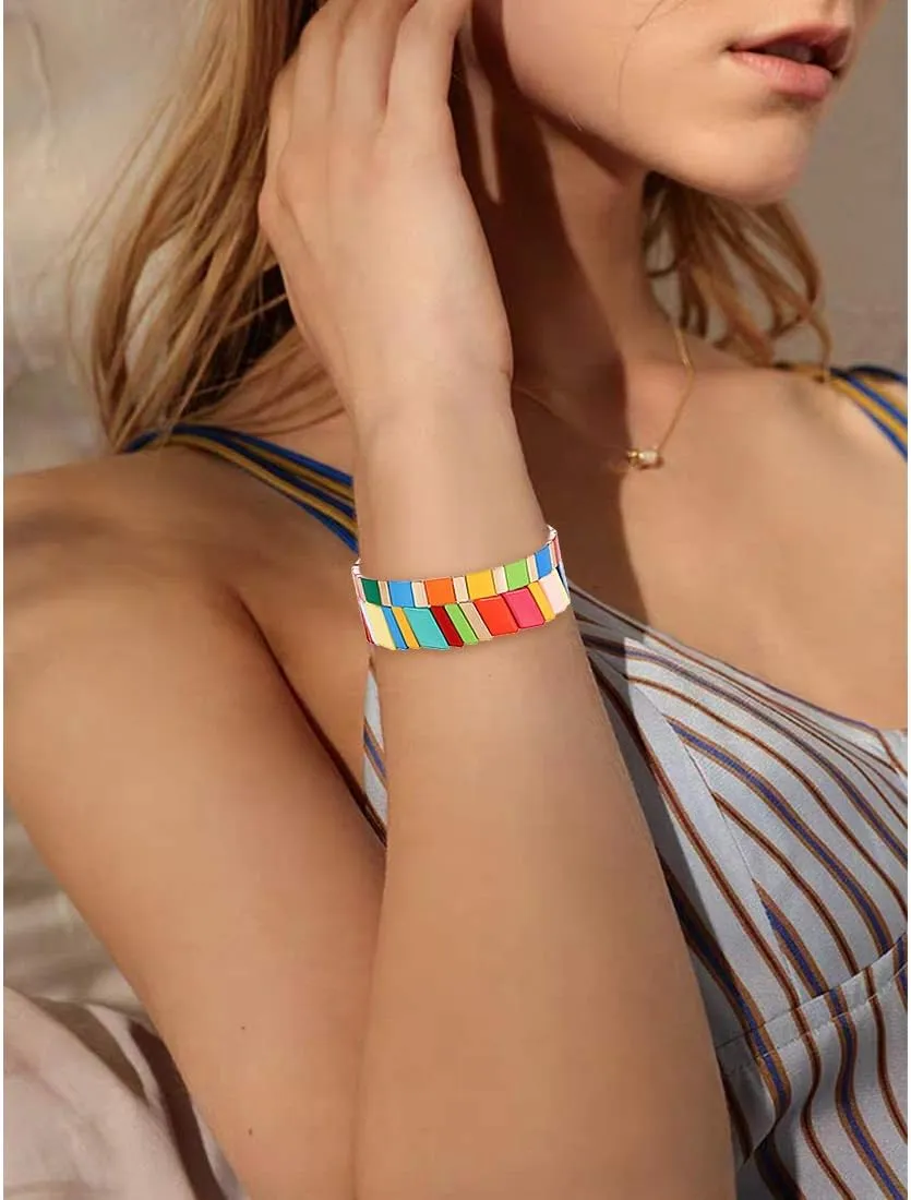 ANGLESJELL Enamel Tile Bracelets Rainbow Tile Bead Bracelets Elastic Colorful Rectangle Beaded Stretch Bracelets for Women Stackable Colorblock Layered Bangle Bracelets for Men Girls