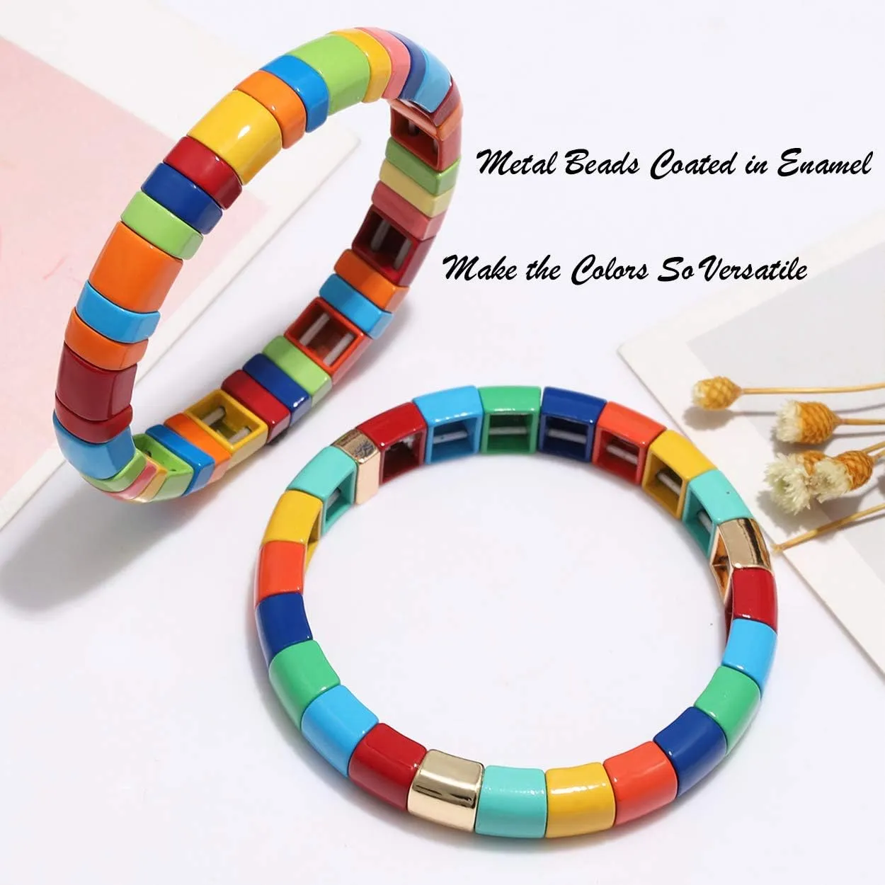 ANGLESJELL Enamel Tile Bracelets Rainbow Tile Bead Bracelets Elastic Colorful Rectangle Beaded Stretch Bracelets for Women Stackable Colorblock Layered Bangle Bracelets for Men Girls