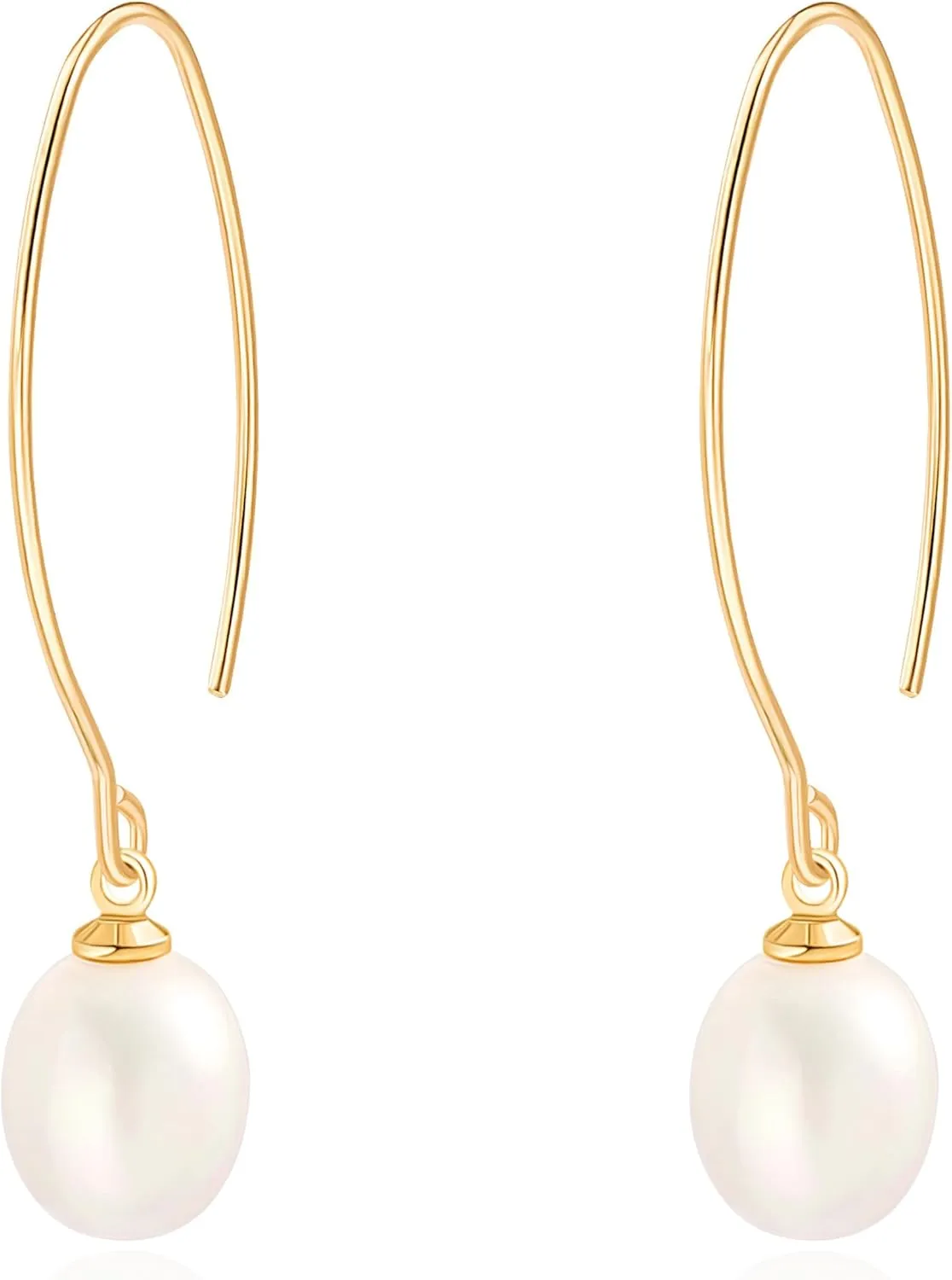 Aobei Pearl Raw Turquoise/Shell Pearl Drop Dangle Earrings 18K Gold Long Hook Wire Threader Earrings for Women Bohemian Ear Jewelry Gift for Her