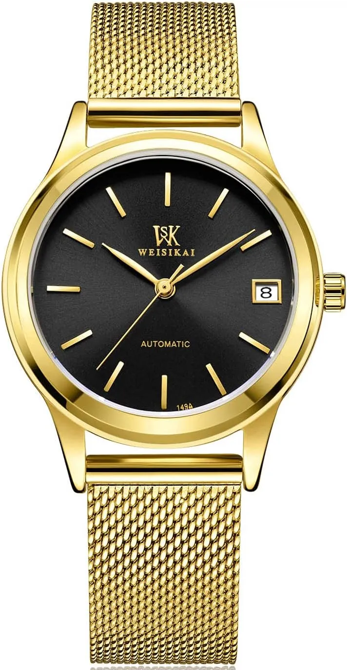 Automatic Watches Women's Fashion Luxury Brand Stainless Steel Milanese Mesh Band Waterproof Bracelet Lady Dress Wrist Watch (Black Blue)
