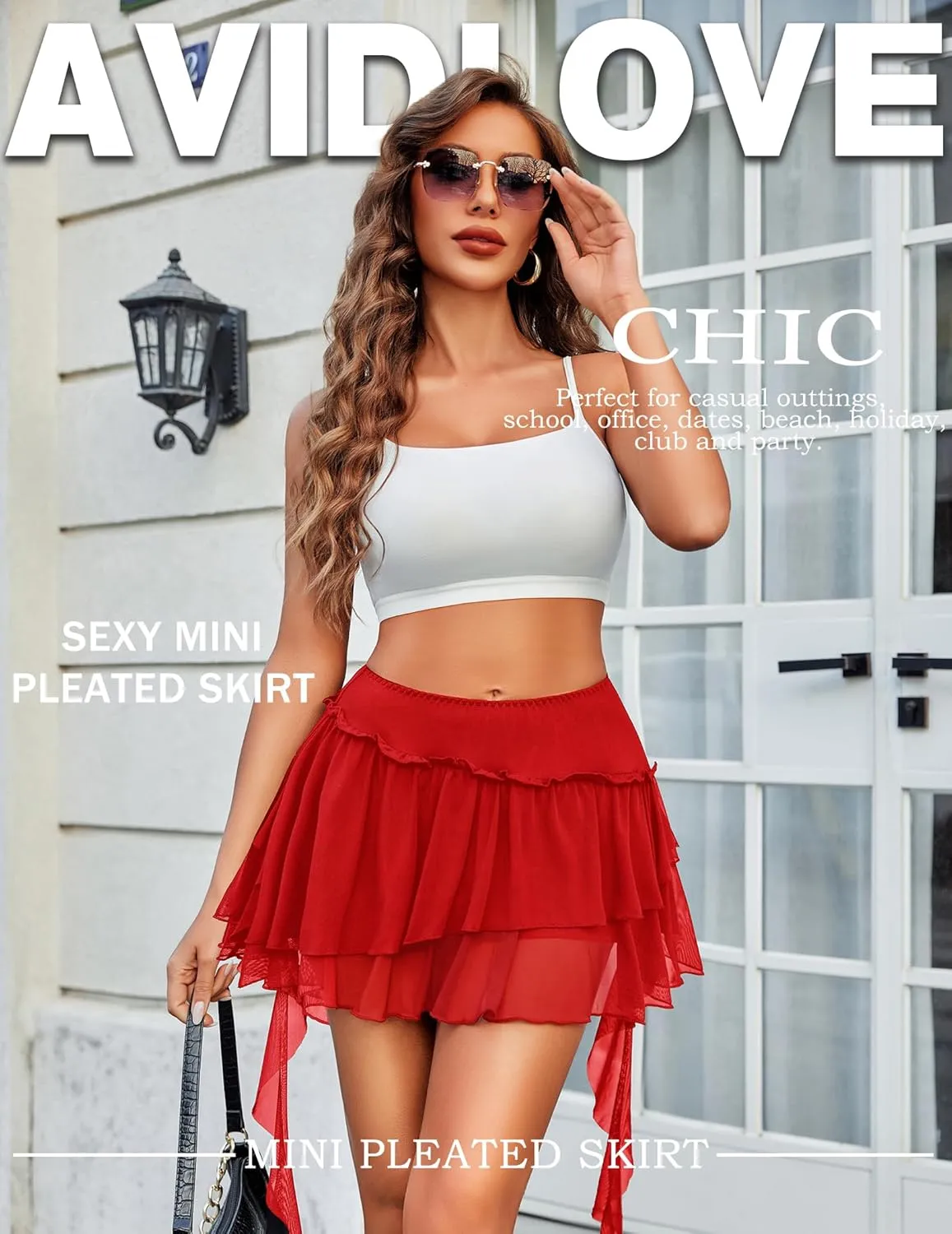 Avidlove Women's Pleated Mini Skirt Mesh Layered Ruffled Skirt Casual Ruffles Flowy Skorts S-XXL