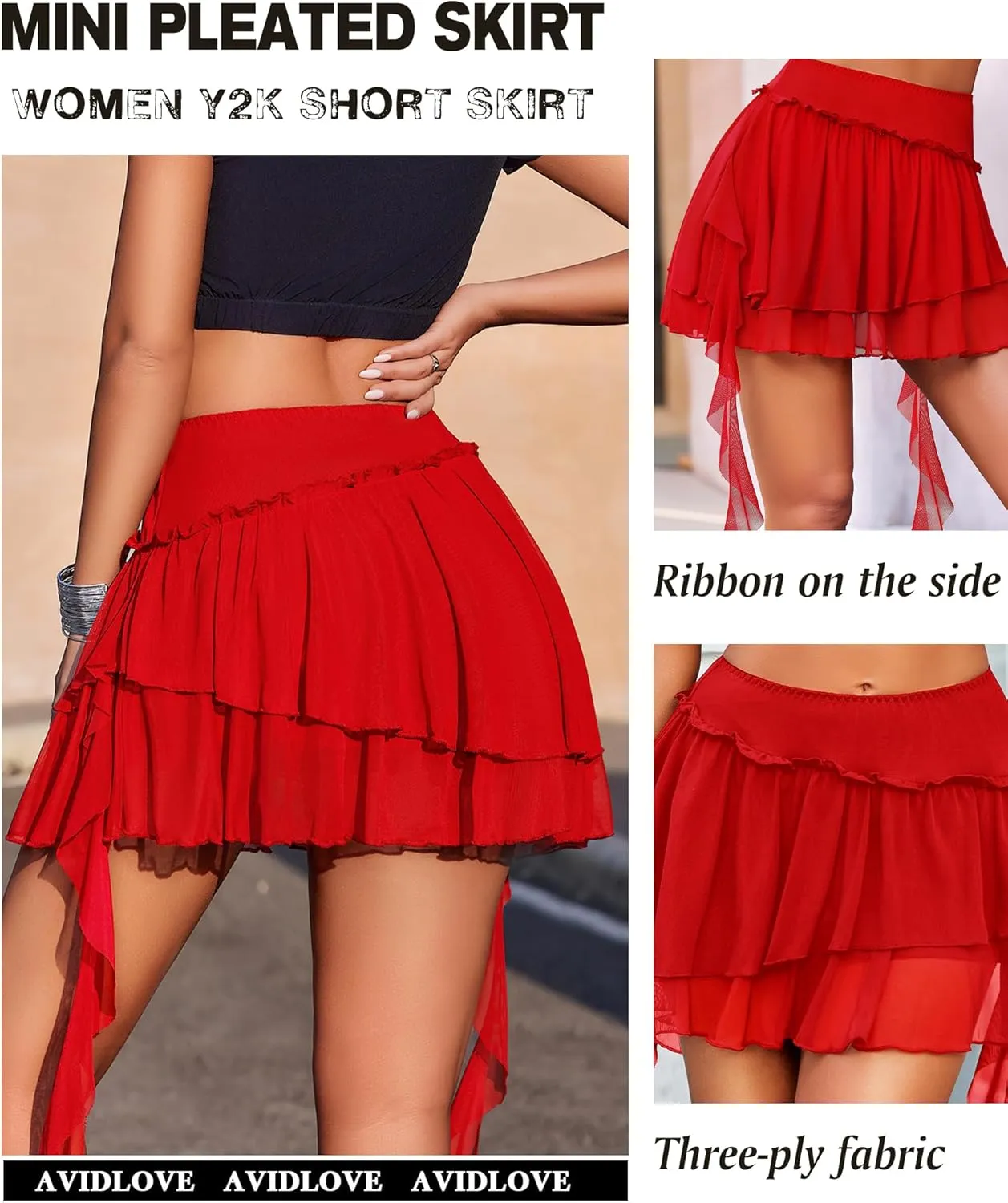 Avidlove Women's Pleated Mini Skirt Mesh Layered Ruffled Skirt Casual Ruffles Flowy Skorts S-XXL