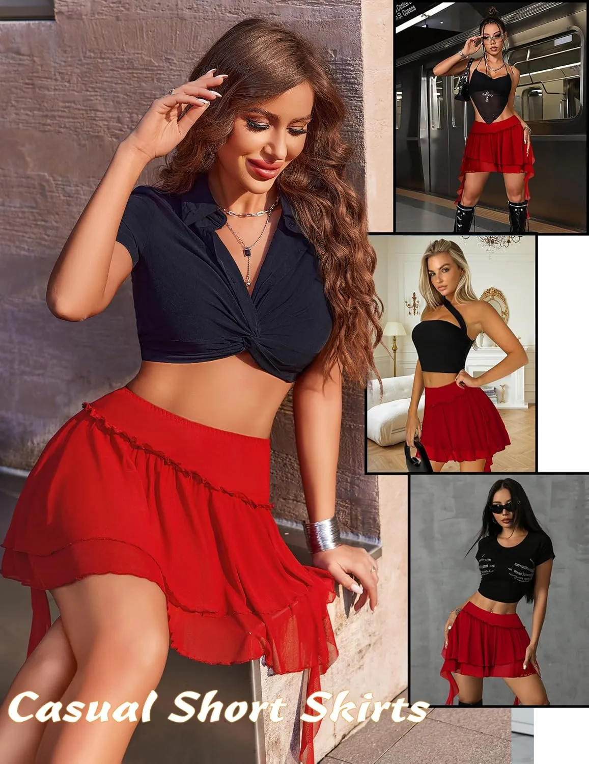 Avidlove Women's Pleated Mini Skirt Mesh Layered Ruffled Skirt Casual Ruffles Flowy Skorts S-XXL