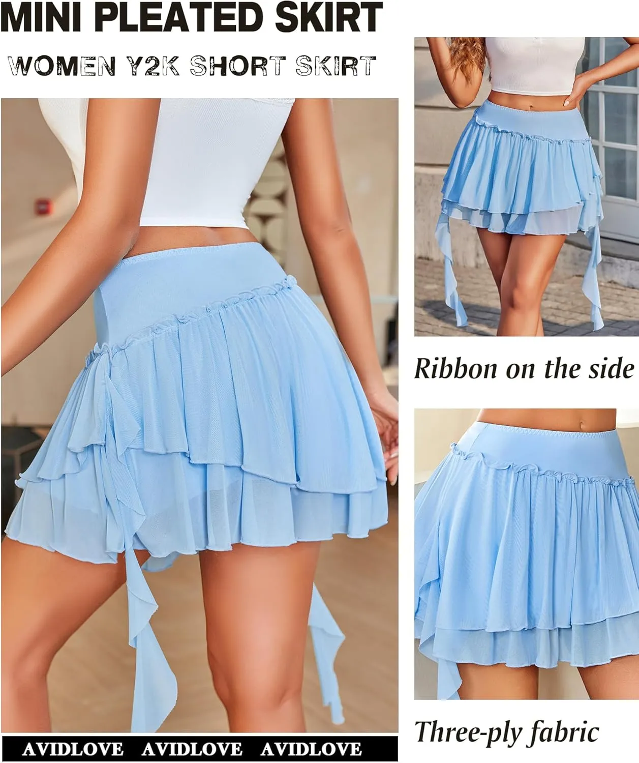 Avidlove Women's Pleated Mini Skirt Mesh Layered Ruffled Skirt Casual Ruffles Flowy Skorts S-XXL