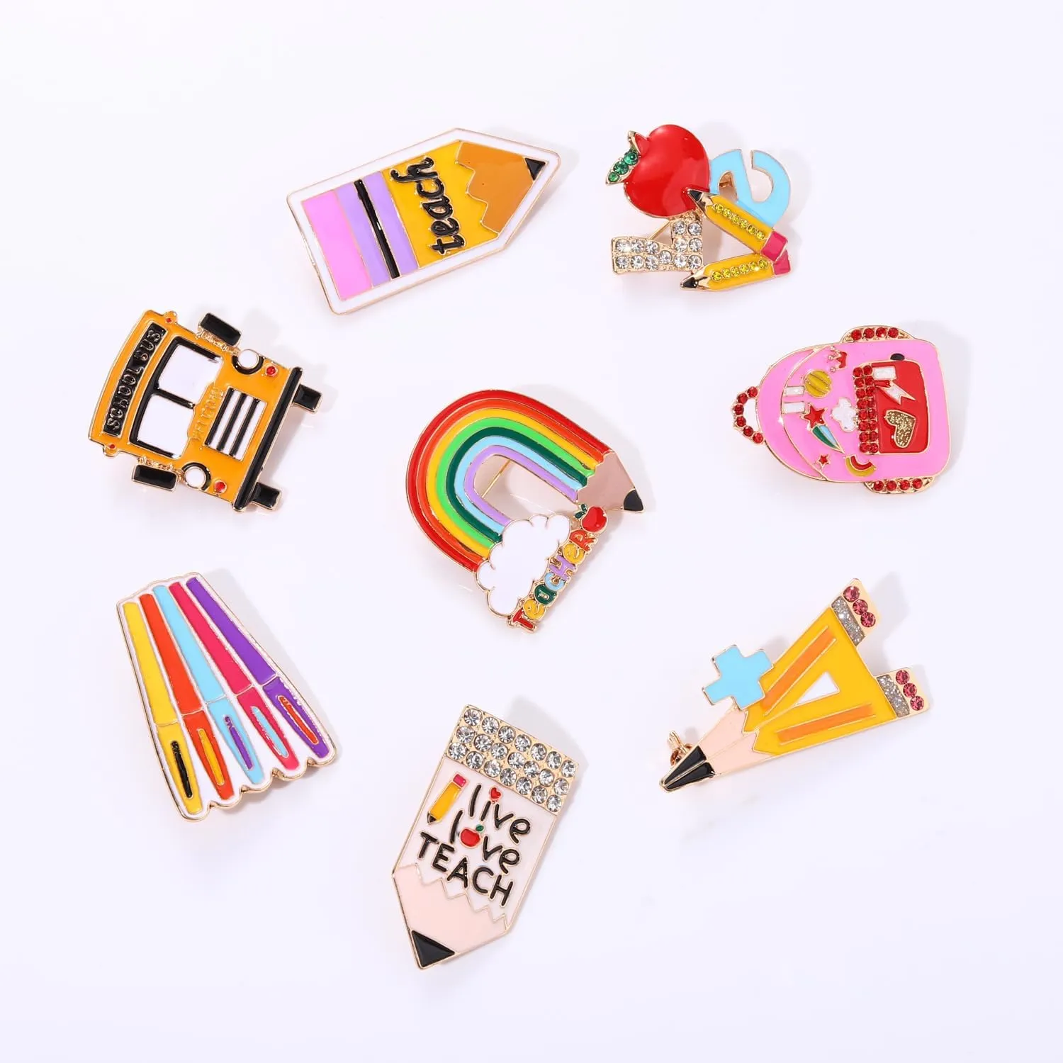 Back to School Brooches Enamel Teacher Brooch Pins Cute Lapel Pin Set Rainbow Pencil Schoolbag Brooches Pin Welcome Back to School Gift for Backpack Clothes Hat Accessories,8Pcs