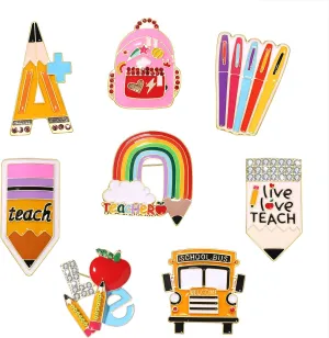 Back to School Brooches Enamel Teacher Brooch Pins Cute Lapel Pin Set Rainbow Pencil Schoolbag Brooches Pin Welcome Back to School Gift for Backpack Clothes Hat Accessories,8Pcs