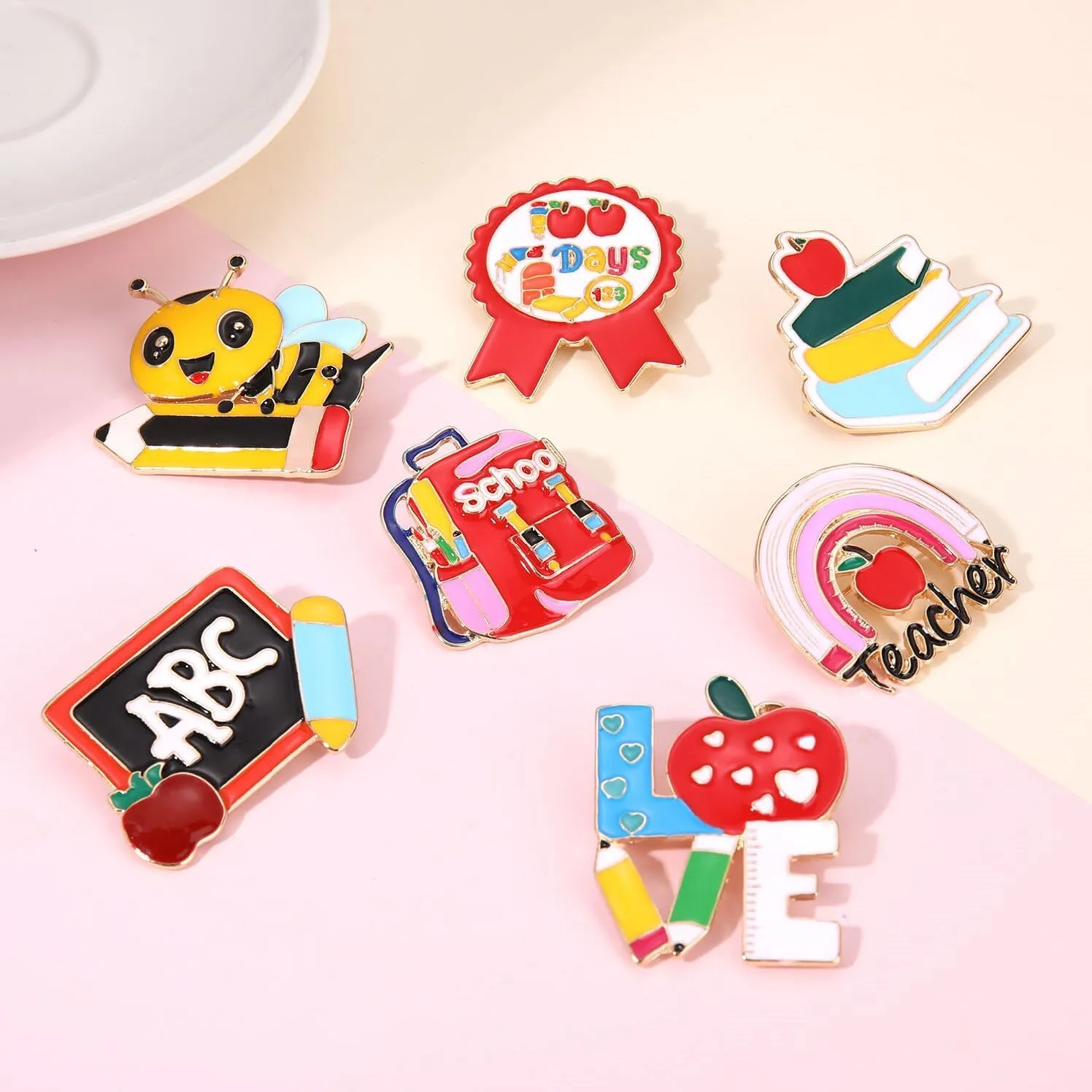 Back to School Brooches Enamel Teacher Brooch Pins Cute Lapel Pin Set Rainbow Pencil Schoolbag Brooches Pin Welcome Back to School Gift for Backpack Clothes Hat Accessories,8Pcs