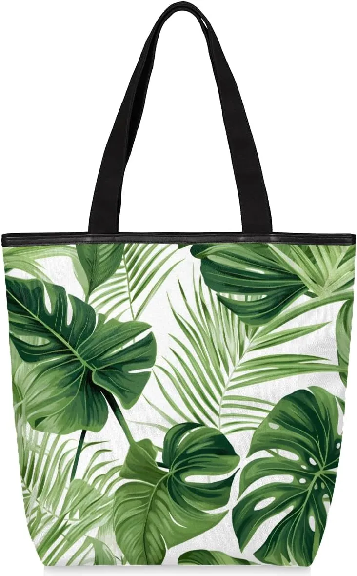 Beautiful Tropical Plants Watercolour Canvas Tote Bag with Zipper and Pockets Canvas Tote Shopping Bag Women Reusable Grocery Bag for Beach Travel Gym Shopping