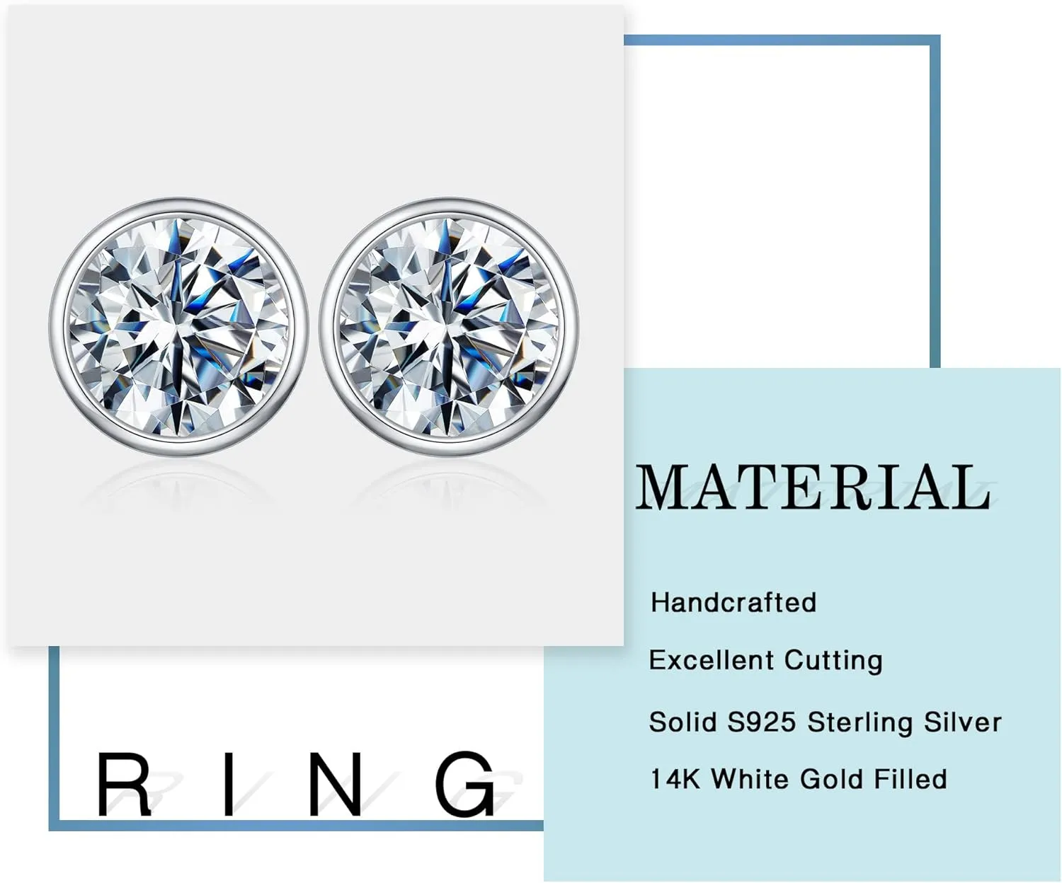 Bezel Setting Moissanite Earrings for Women, 0.5-3ct D Color VVS1 Clarity Lab Created Diamond Earrings 14K White Gold Vermeil S925 Sterling Silver Friction Back Moissanite Stud Earrings for Women