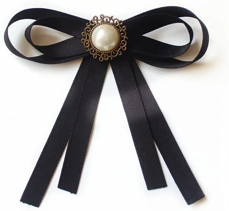 Black Bow Brooches Pin for Woman Girls Pre-Tied Collar Neck Clips Bow Tie