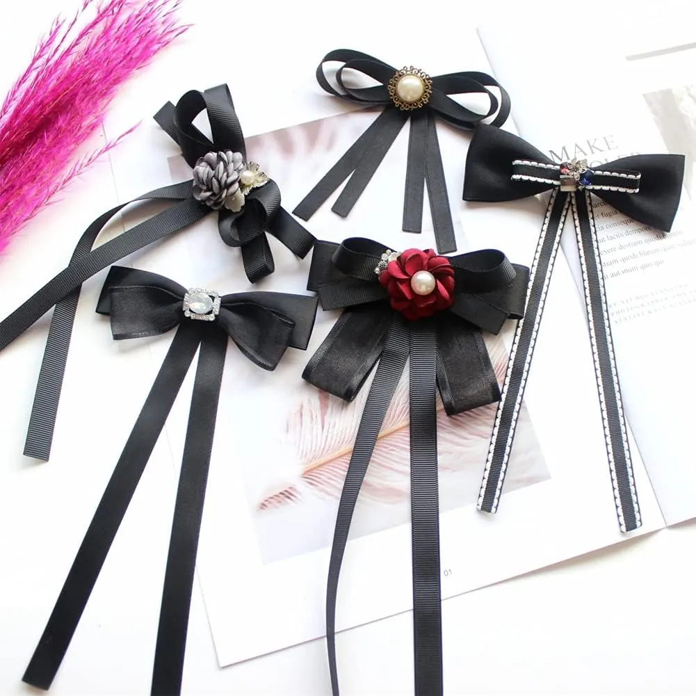 Black Bow Brooches Pin for Woman Girls Pre-Tied Collar Neck Clips Bow Tie