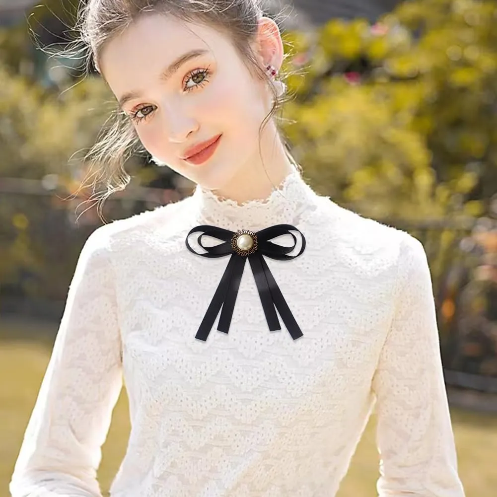 Black Bow Brooches Pin for Woman Girls Pre-Tied Collar Neck Clips Bow Tie