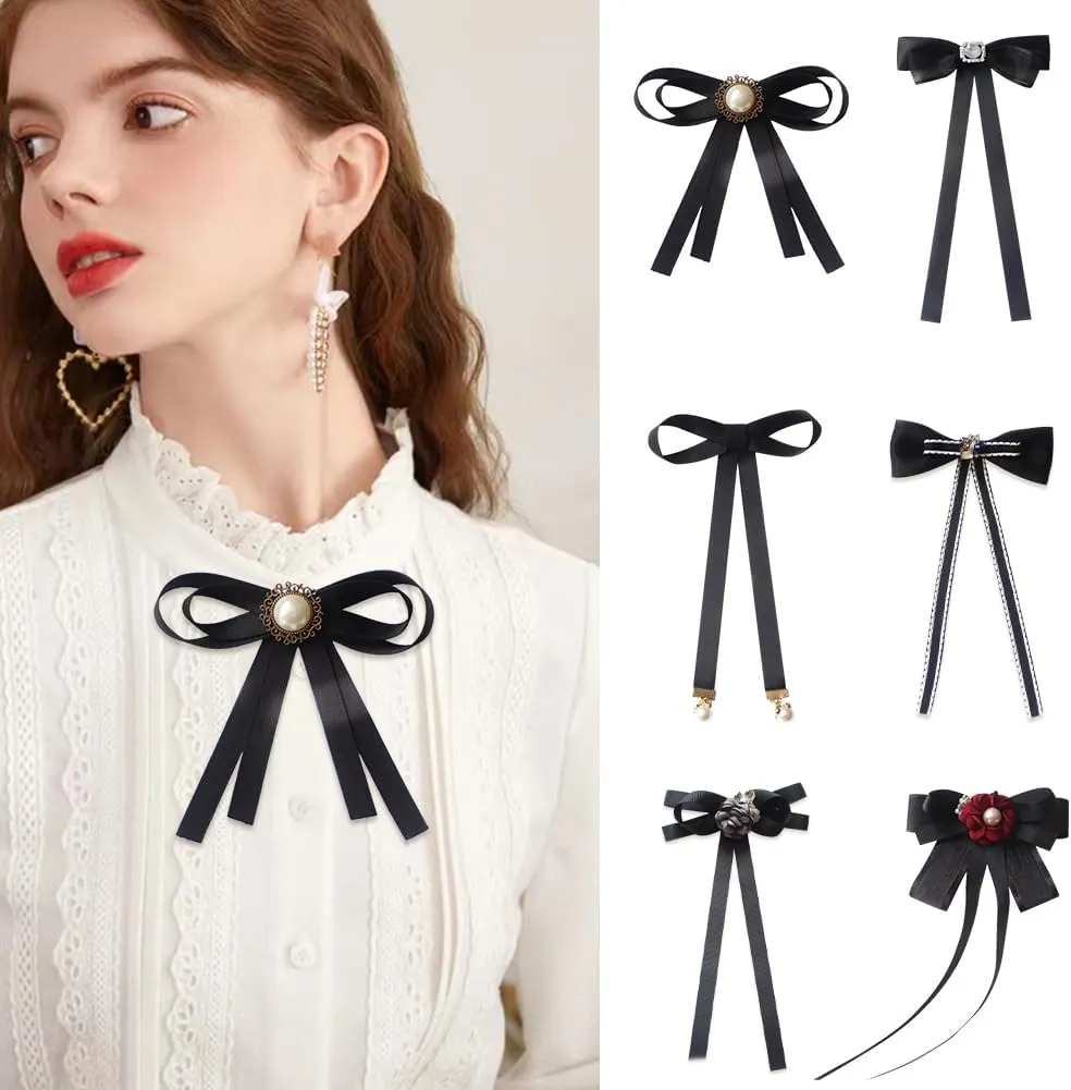 Black Bow Brooches Pin for Woman Girls Pre-Tied Collar Neck Clips Bow Tie