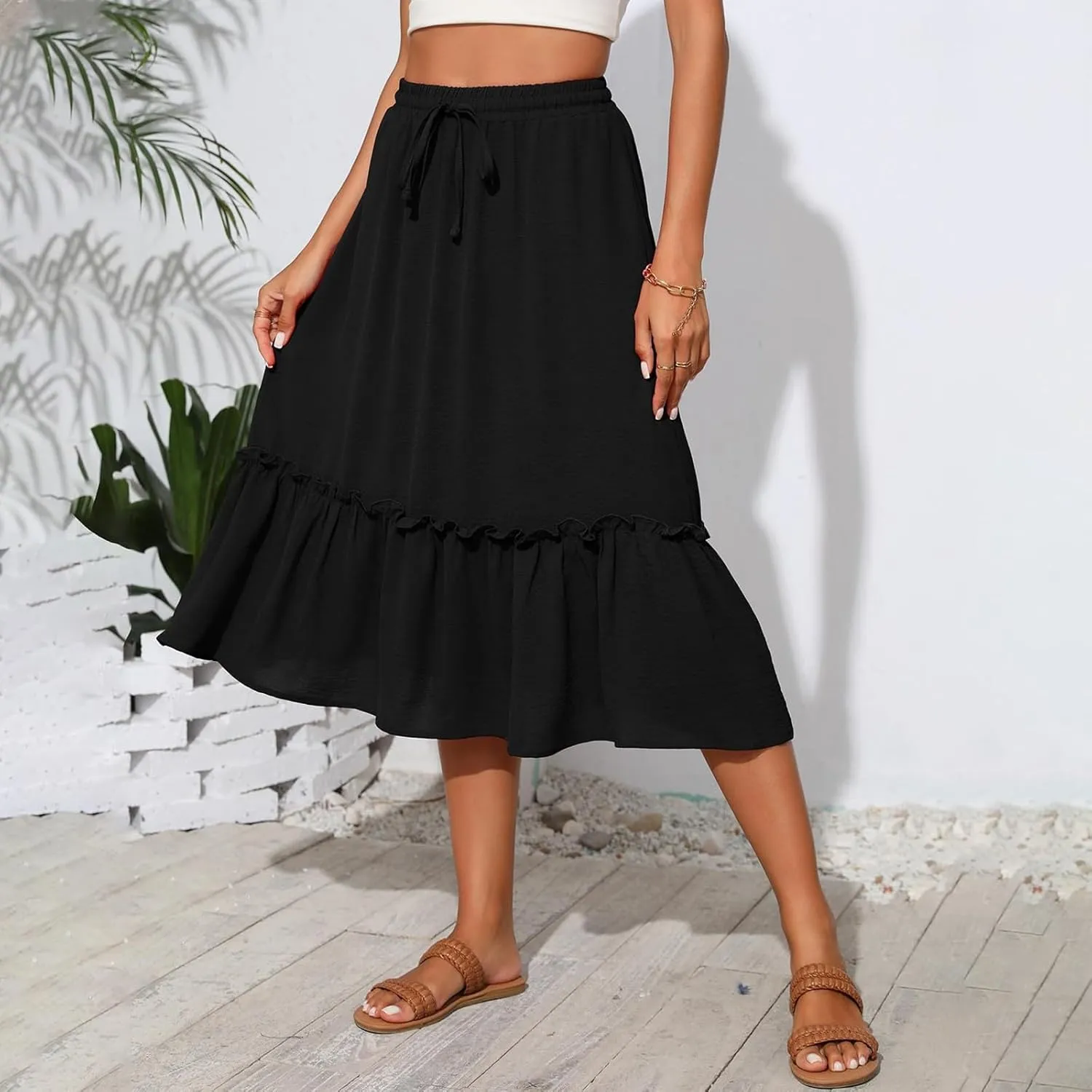 Black Pleated Skirt for Women with Pockets Plus Size A Line Layered Skirts Summer Stretchy Drawstring Beach -Skirts