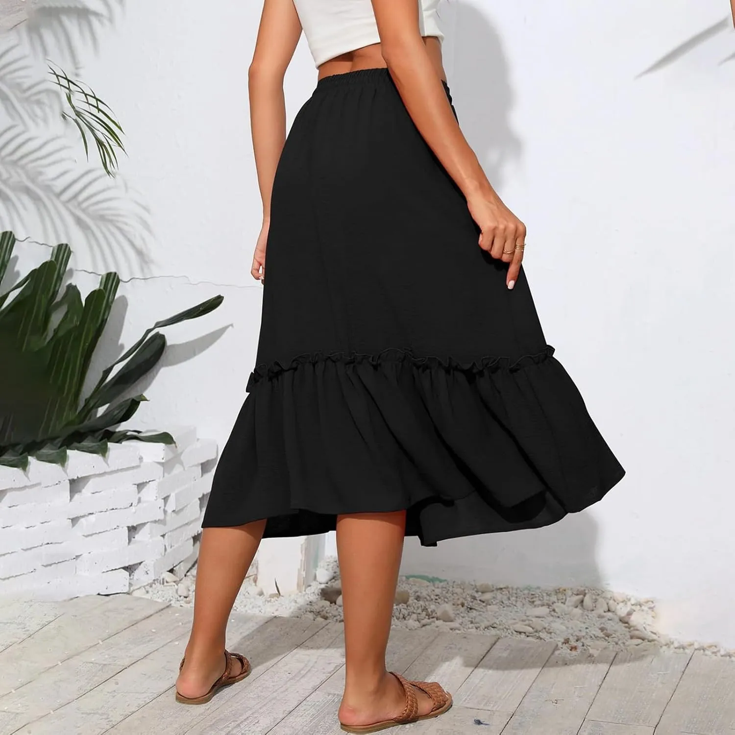 Black Pleated Skirt for Women with Pockets Plus Size A Line Layered Skirts Summer Stretchy Drawstring Beach -Skirts