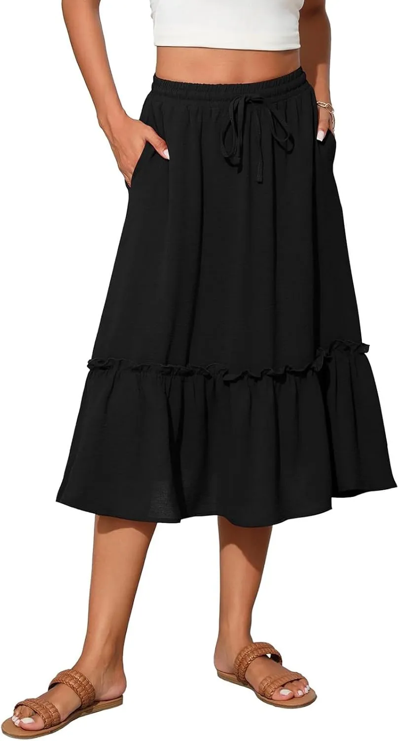 Black Pleated Skirt for Women with Pockets Plus Size A Line Layered Skirts Summer Stretchy Drawstring Beach -Skirts