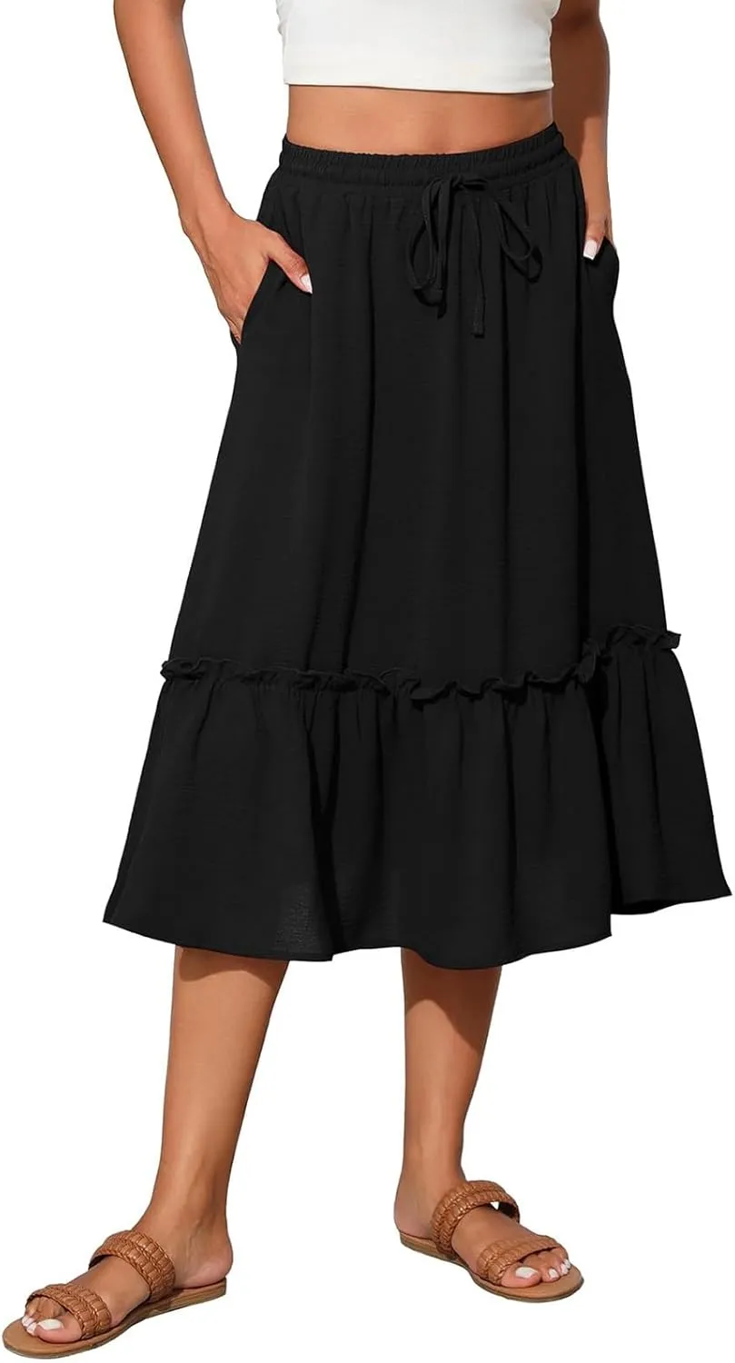 Black Pleated Skirt for Women with Pockets Plus Size A Line Layered Skirts Summer Stretchy Drawstring Beach -Skirts
