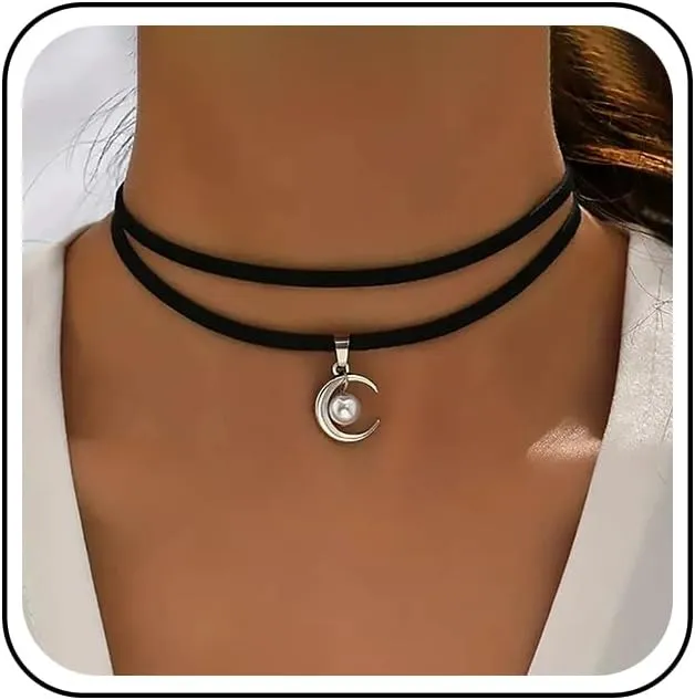 Black Suede Choker Necklace Layered Velvet Moon Necklace Short Velvet Collar Necklaces Crescent Moon Pearl Necklaces Jewelry for Women