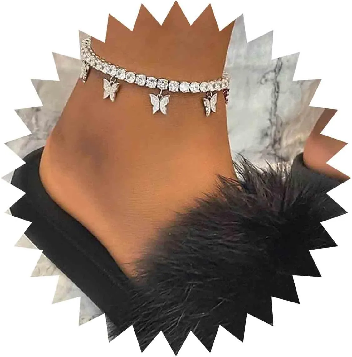 Boho Crystal Butterfly Anklet Bracelet Butterfly Tassel Anklet Chain Silver Cz Butterfly Ankle bracelet Rhinestone Tennis Chain Ankle Foot Chain Jewelry Women