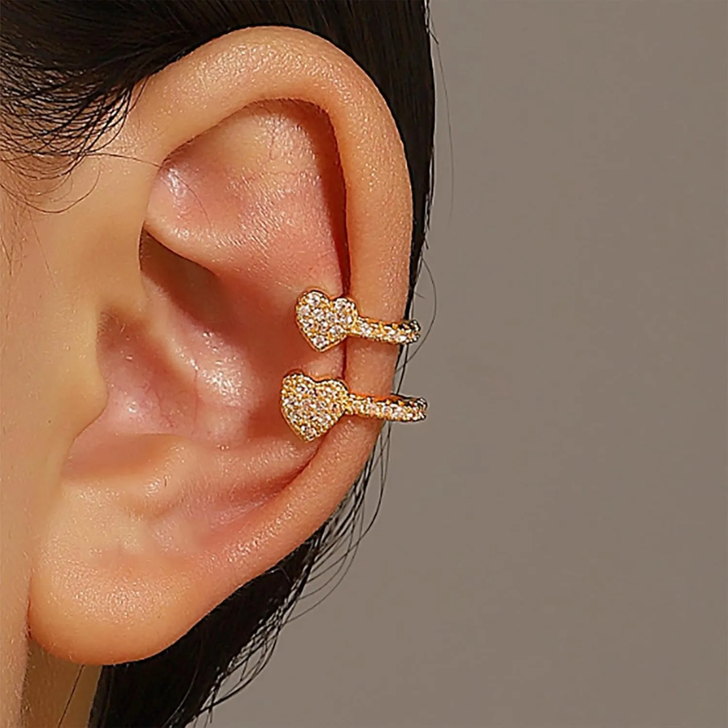 Boho Crystal Heart Ear Cuff Earrings Gold Rhinestone Heart Wrap Earrings Pave CZ Cuff Cartilage Earrings Double Heart Non Pierced Earrings Jewelry for Women