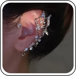 Boho CZ Butterfly Cuff Earrings Gold Crystal Butterfly Ear Climber Earrings Sparkly Rhinestone Butterfly Wrap Earrings Butterfly Wrap Crawler Earrings Jewelry for Women (Left)