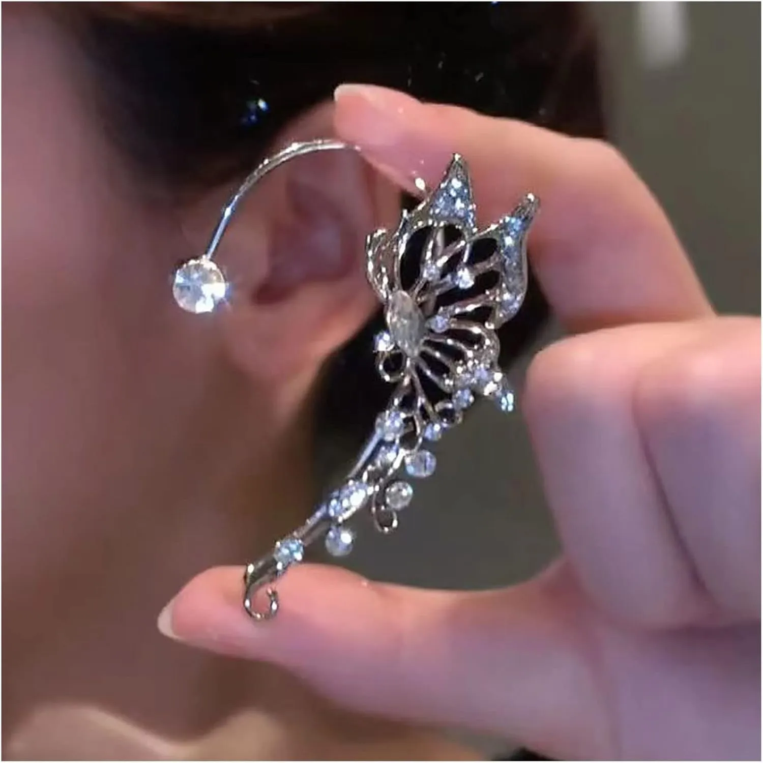 Boho CZ Butterfly Cuff Earrings Gold Crystal Butterfly Ear Climber Earrings Sparkly Rhinestone Butterfly Wrap Earrings Butterfly Wrap Crawler Earrings Jewelry for Women (Left)