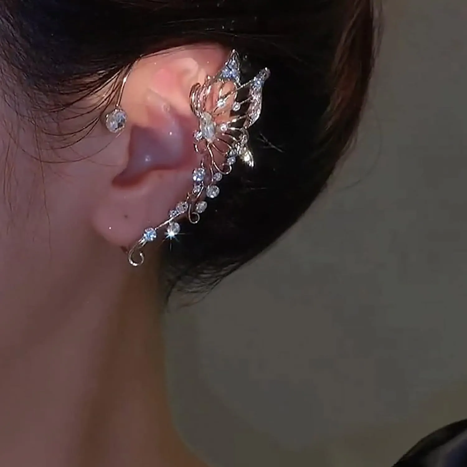 Boho CZ Butterfly Cuff Earrings Gold Crystal Butterfly Ear Climber Earrings Sparkly Rhinestone Butterfly Wrap Earrings Butterfly Wrap Crawler Earrings Jewelry for Women (Left)