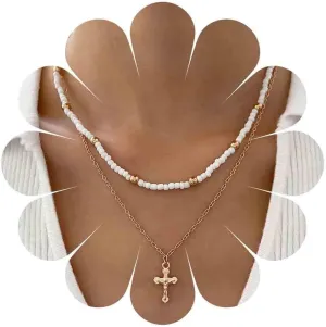 Boho Layered Cross Necklace White Sead Bead Choker Necklace Gold Cross Pendant Necklace Vintage Small Beaded Necklace Jewelry for Women